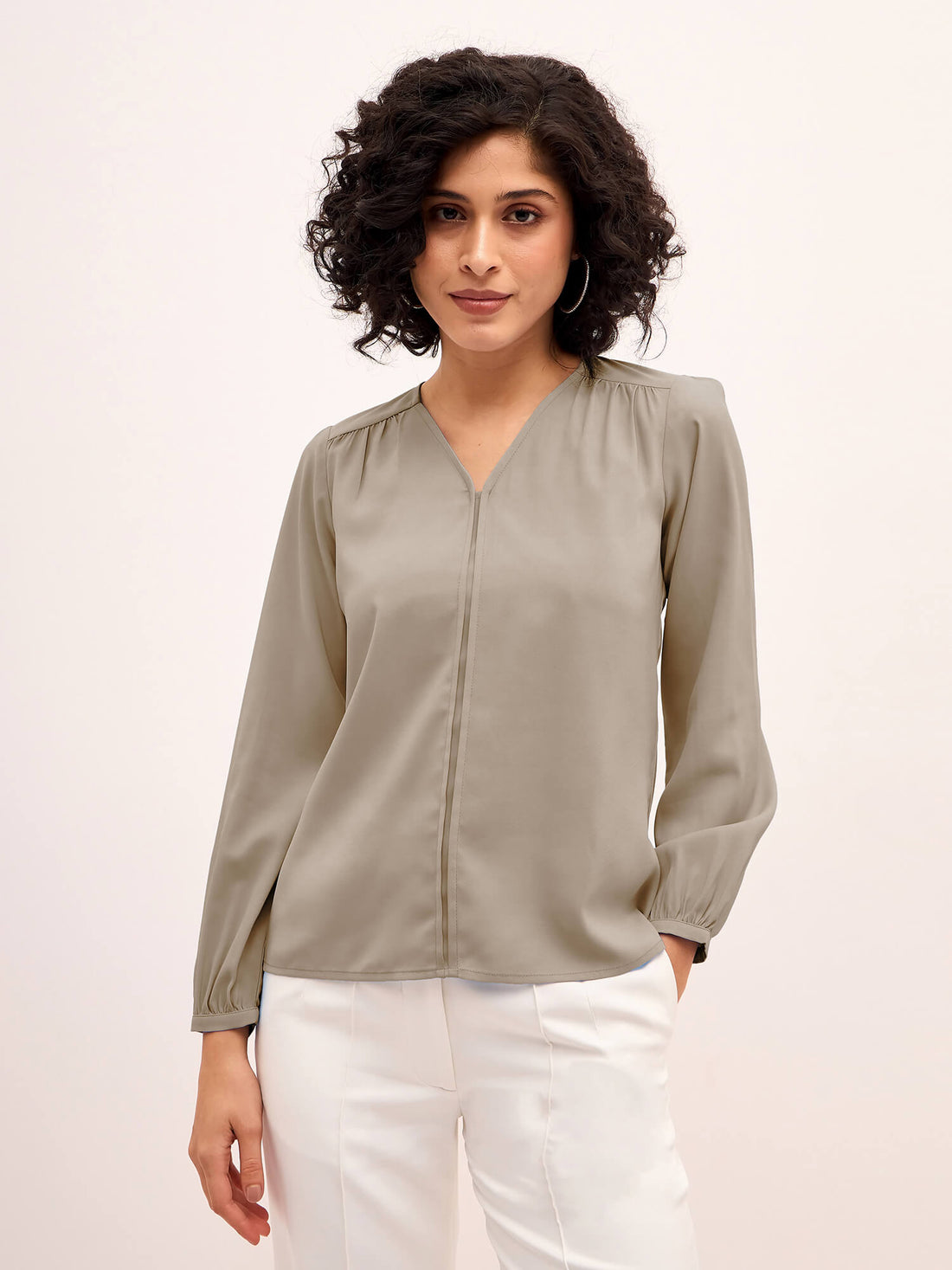 Appletini Gathered Yoke Top - Light Beige