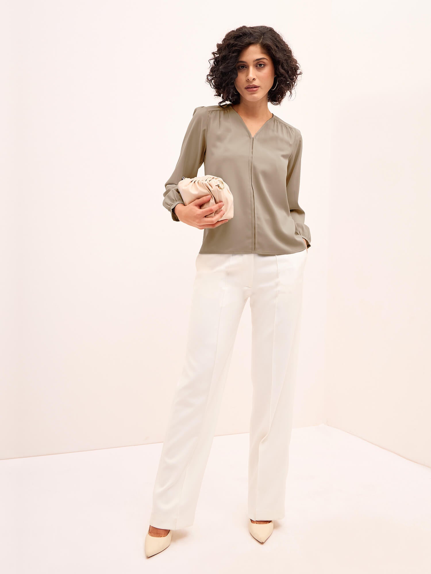 Appletini Gathered Yoke Top - Light Beige