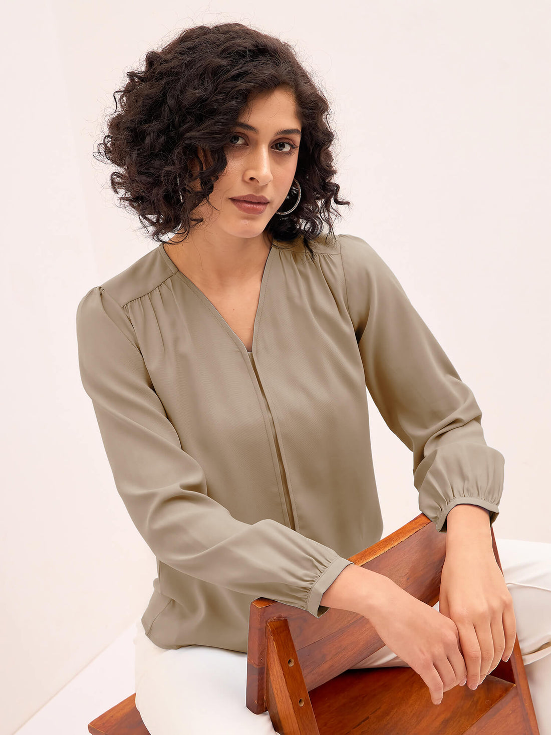 Appletini Gathered Yoke Top - Light Beige