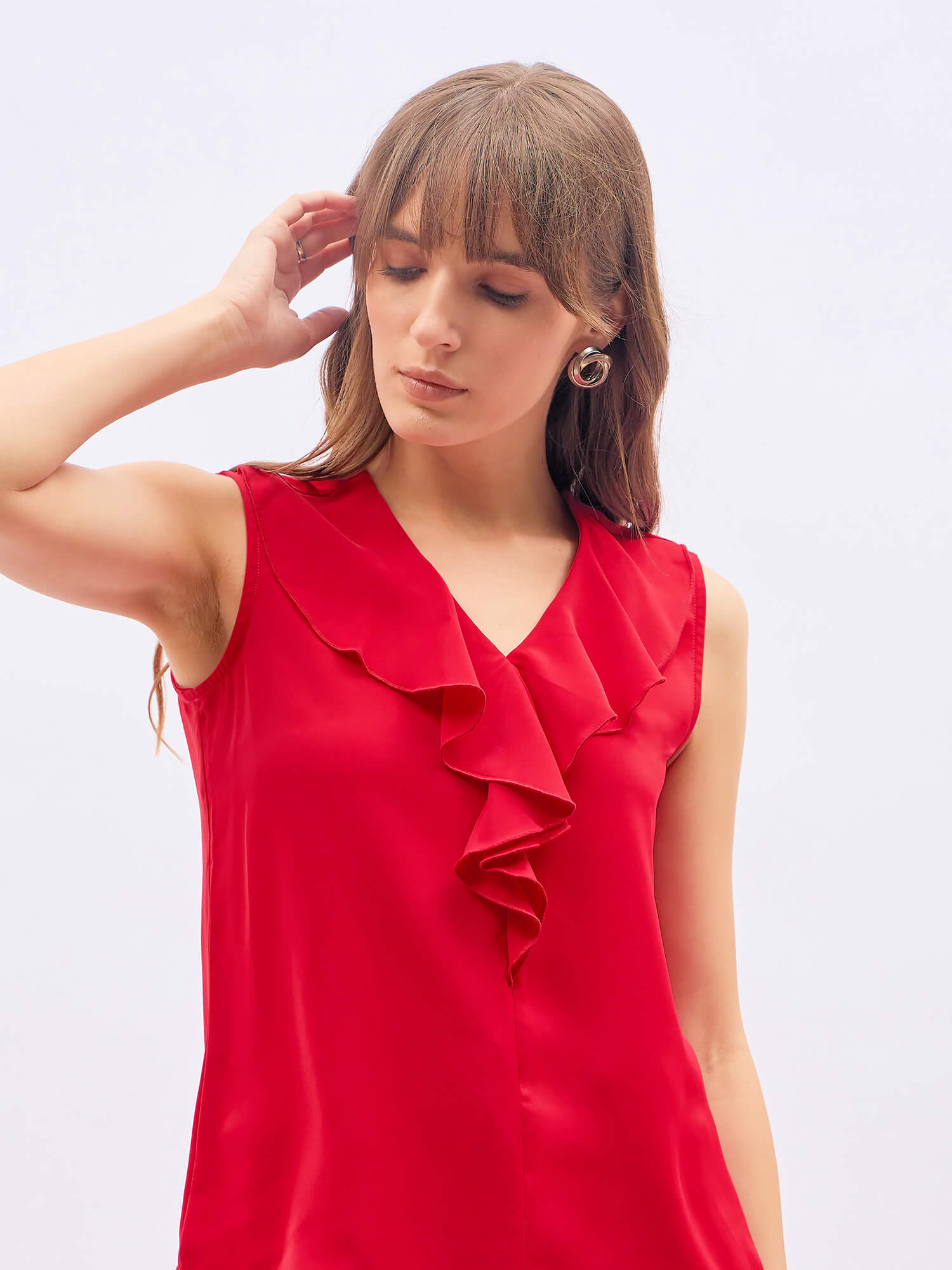 Desire Ruffled Neckline  Sleeveless Top - Red