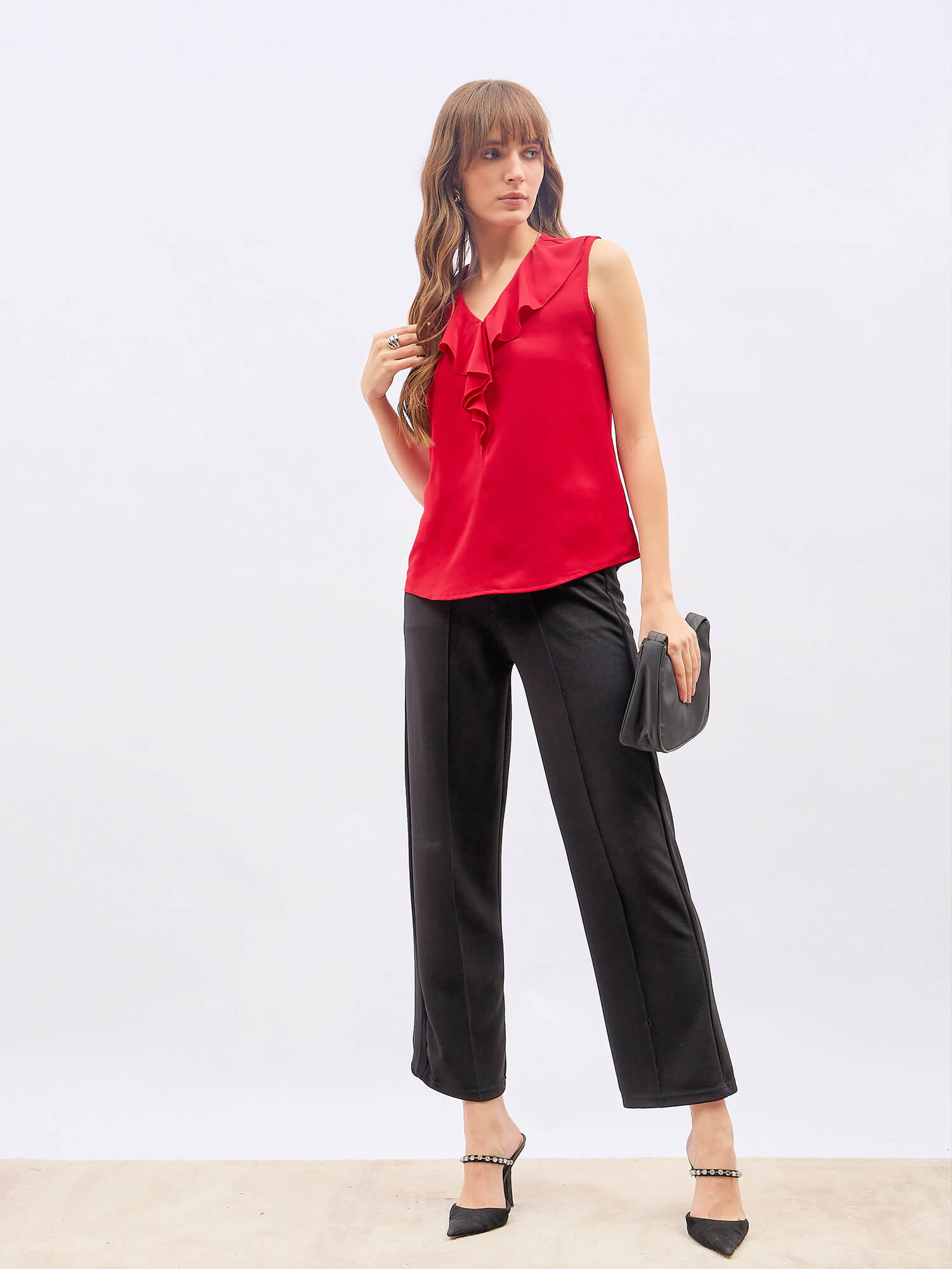 Desire Ruffled Neckline Sleeveless Top - Red