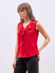 Desire Ruffled Neckline  Sleeveless Top - Red