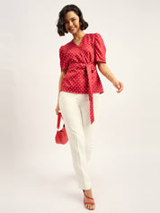 Ravish Belted Wrap Top - Red