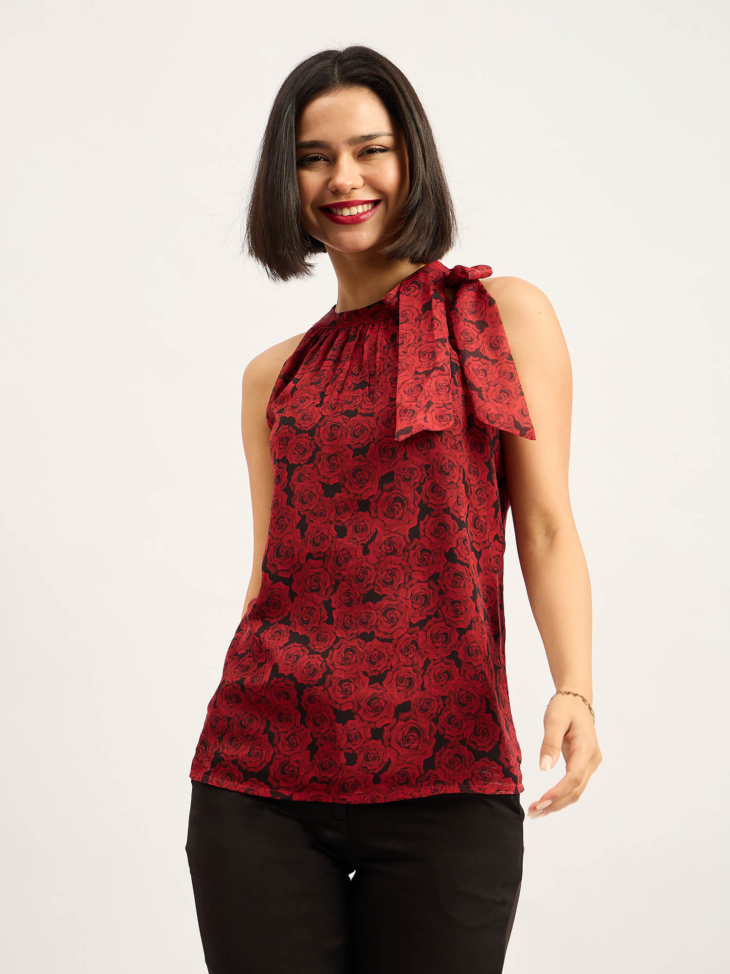 Glimmer Halter Neck Tie up Top - Red &amp; Black
