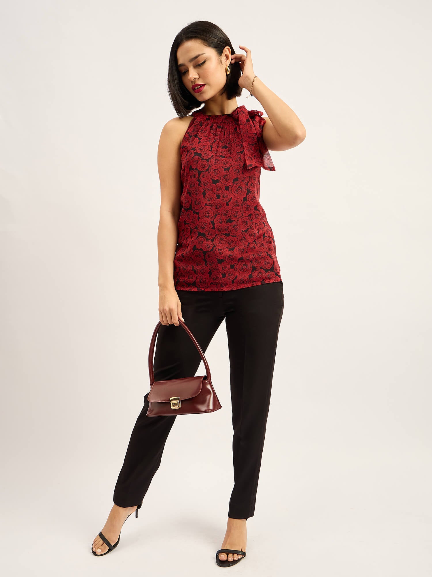 Glimmer Halter Neck Tie up Top - Red &amp; Black