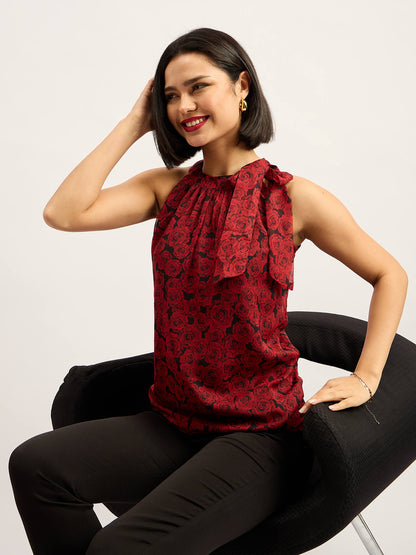 Glimmer Halter Neck Tie up Top - Red &amp; Black