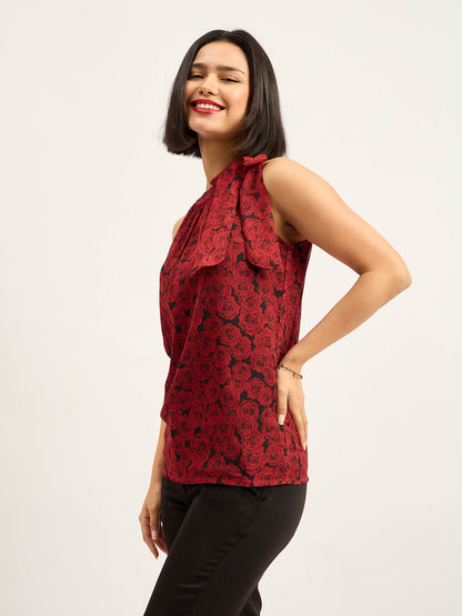Glimmer Halter Neck Tie up Top - Red &amp; Black