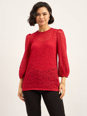 Lacy Puff-Sleeve Top - Red