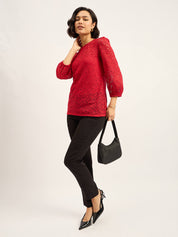 Lacy Puff-Sleeve Top - Red