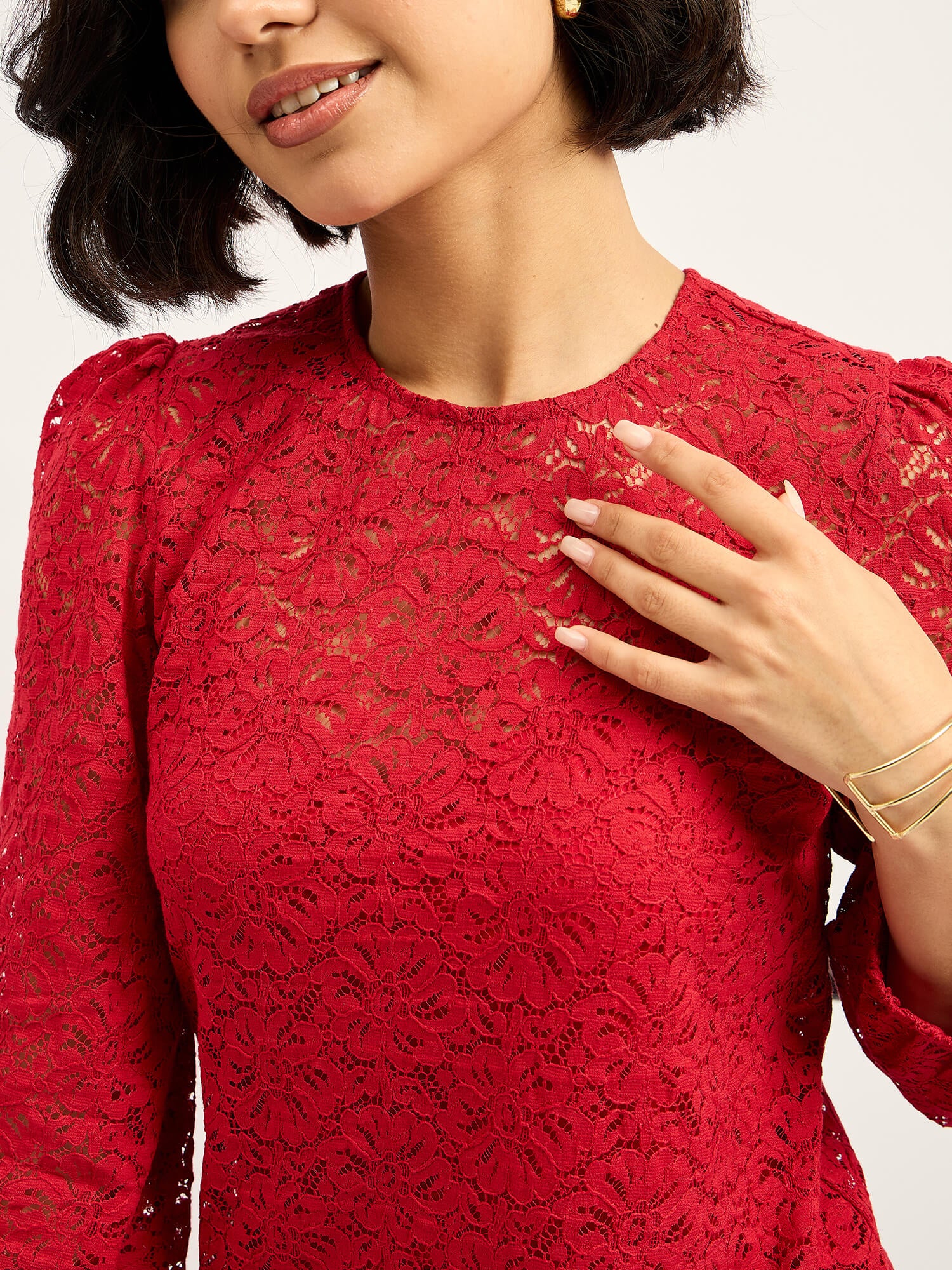 Lacy Puff-Sleeve Top - Red