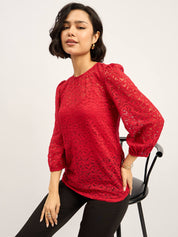 Lacy Puff-Sleeve Top - Red