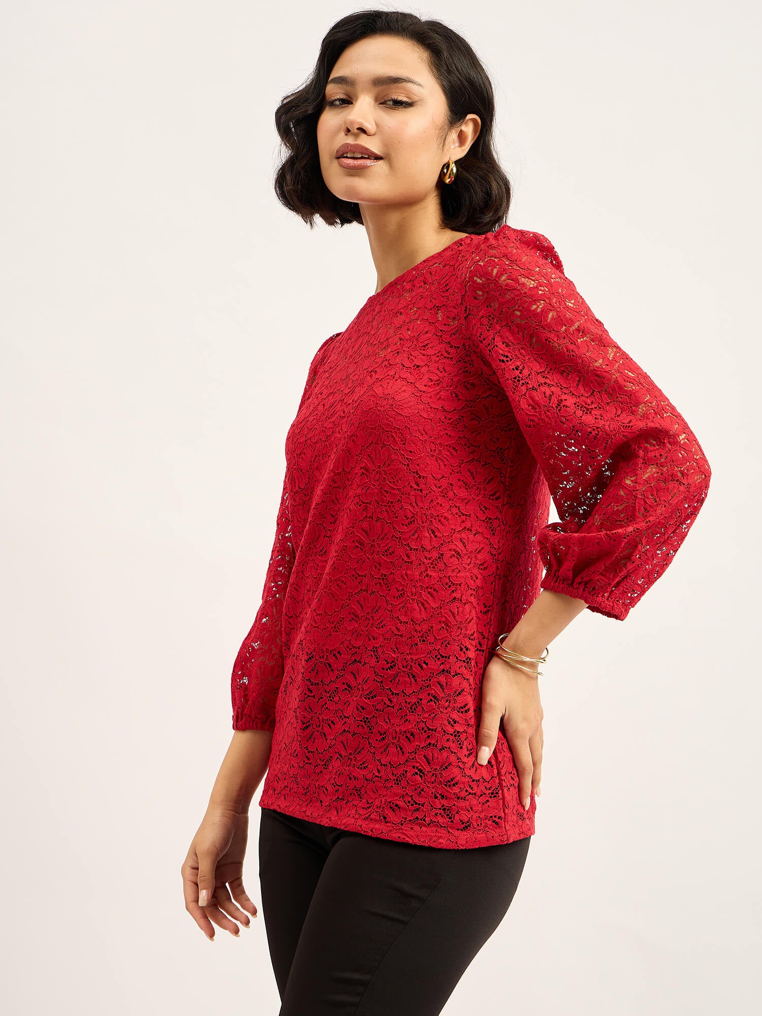 Lacy Puff-Sleeve Top - Red