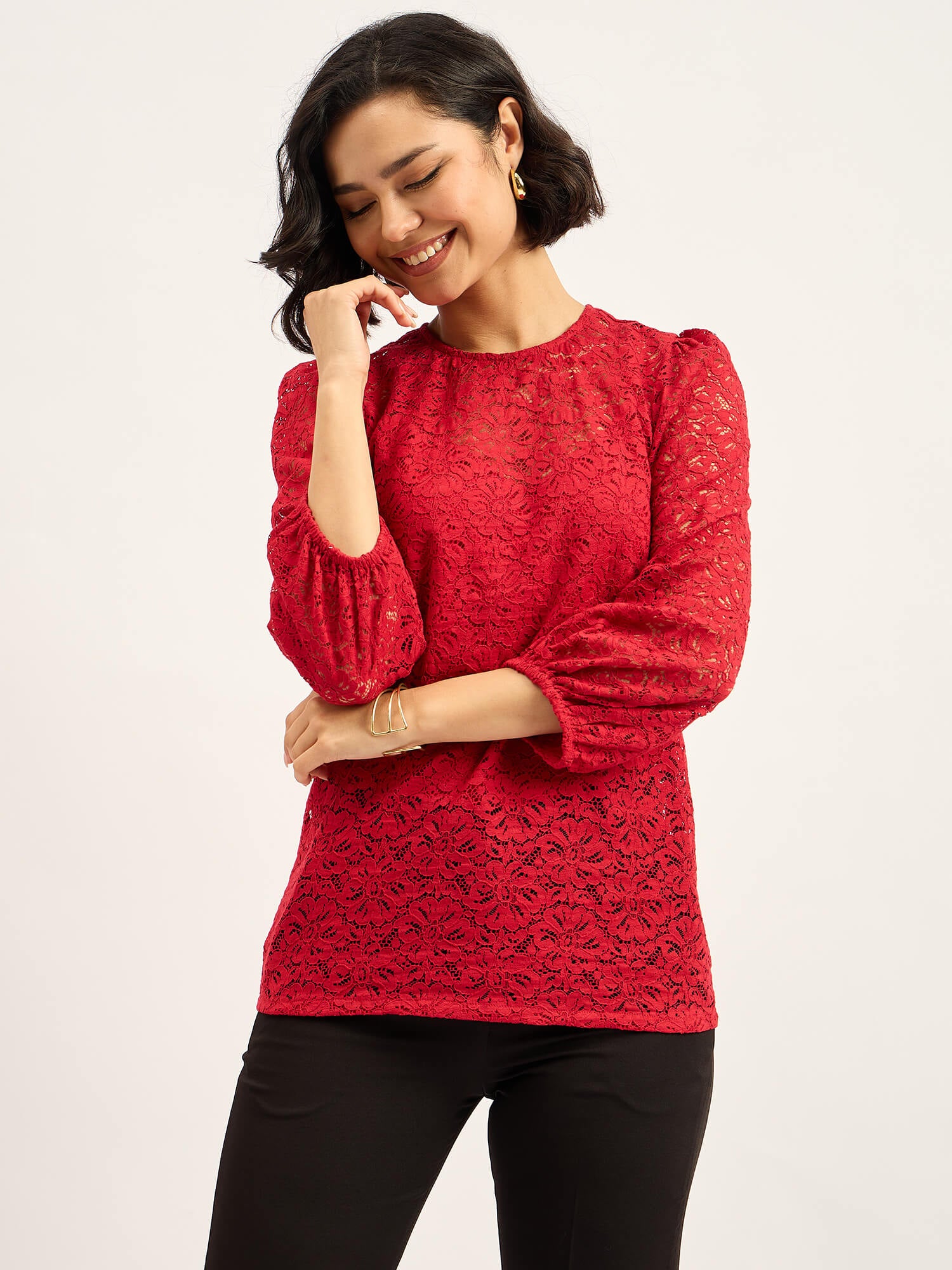 Lacy Puff-Sleeve Top - Red