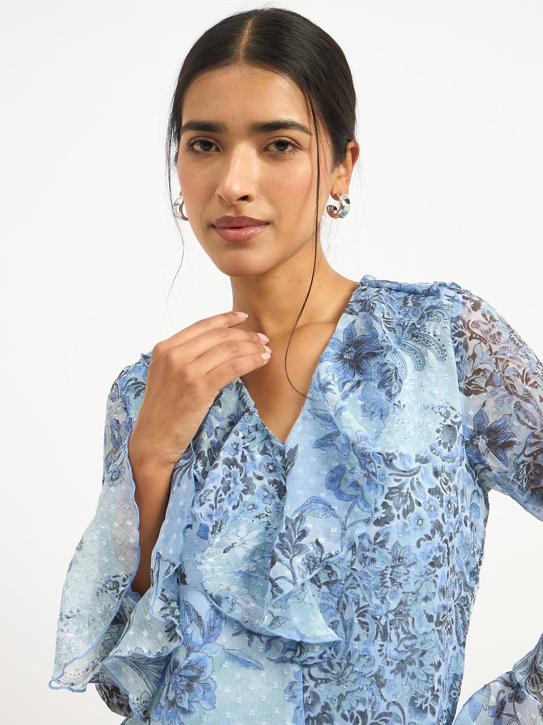 Liora V-Neck Ruffle Top-Blue
