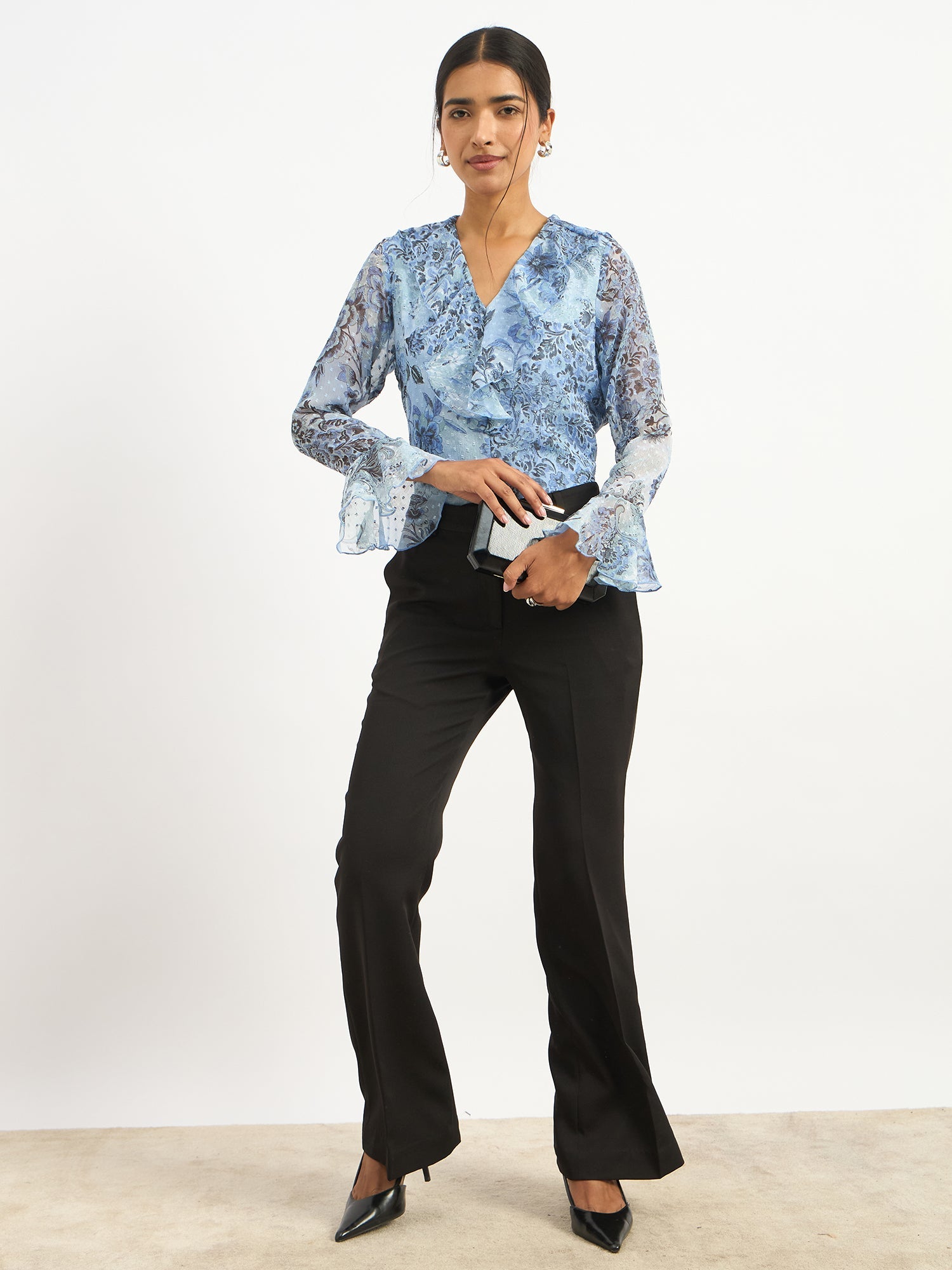 Liora V-Neck Ruffle Top-Blue