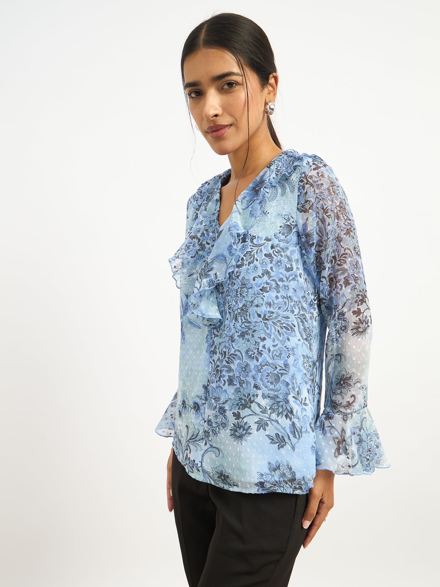 Liora V-Neck Ruffle Top-Blue