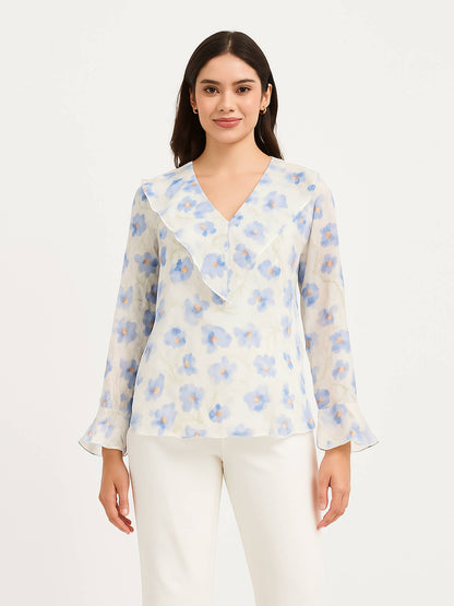 Vesper V-Neck Ruffle Top-White