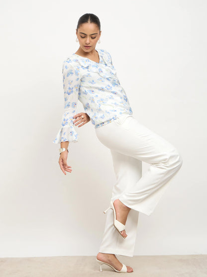 Vesper V-Neck Ruffle Top-White