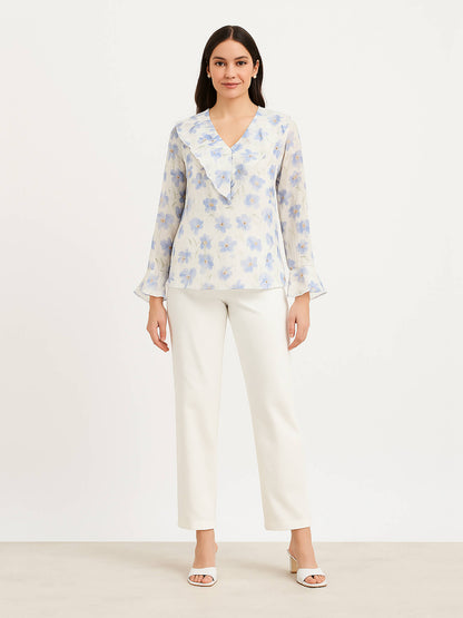Vesper V-Neck Ruffle Top-White