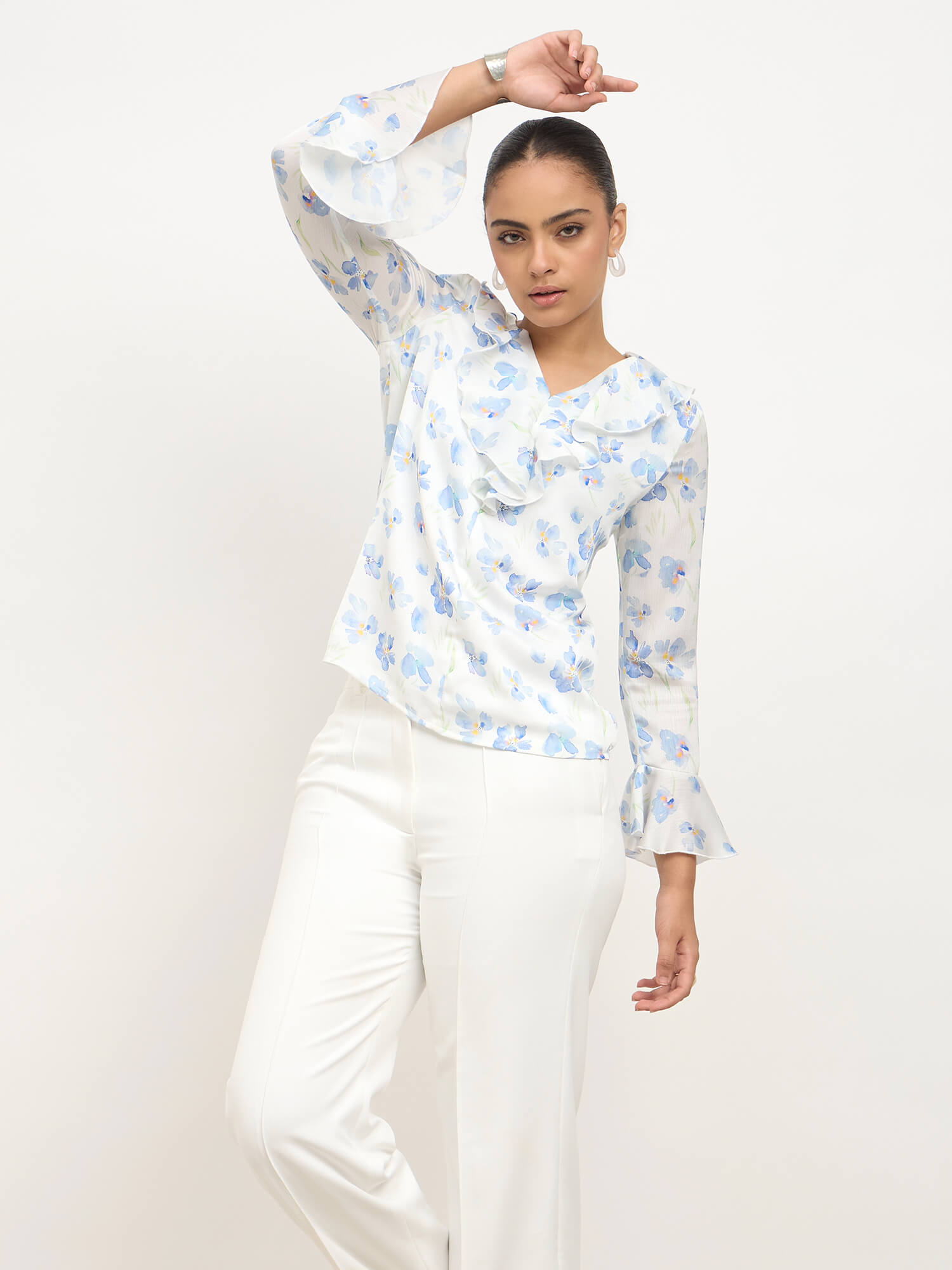 Vesper V-Neck Ruffle Top-White