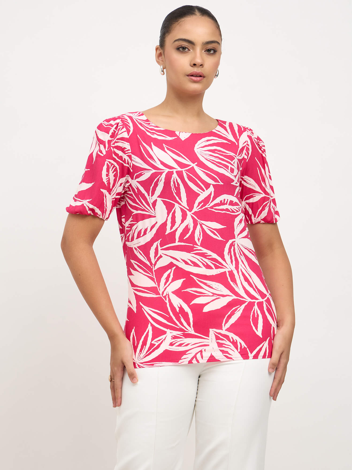 Nebula Round Neck Puff sleeve top-Pink