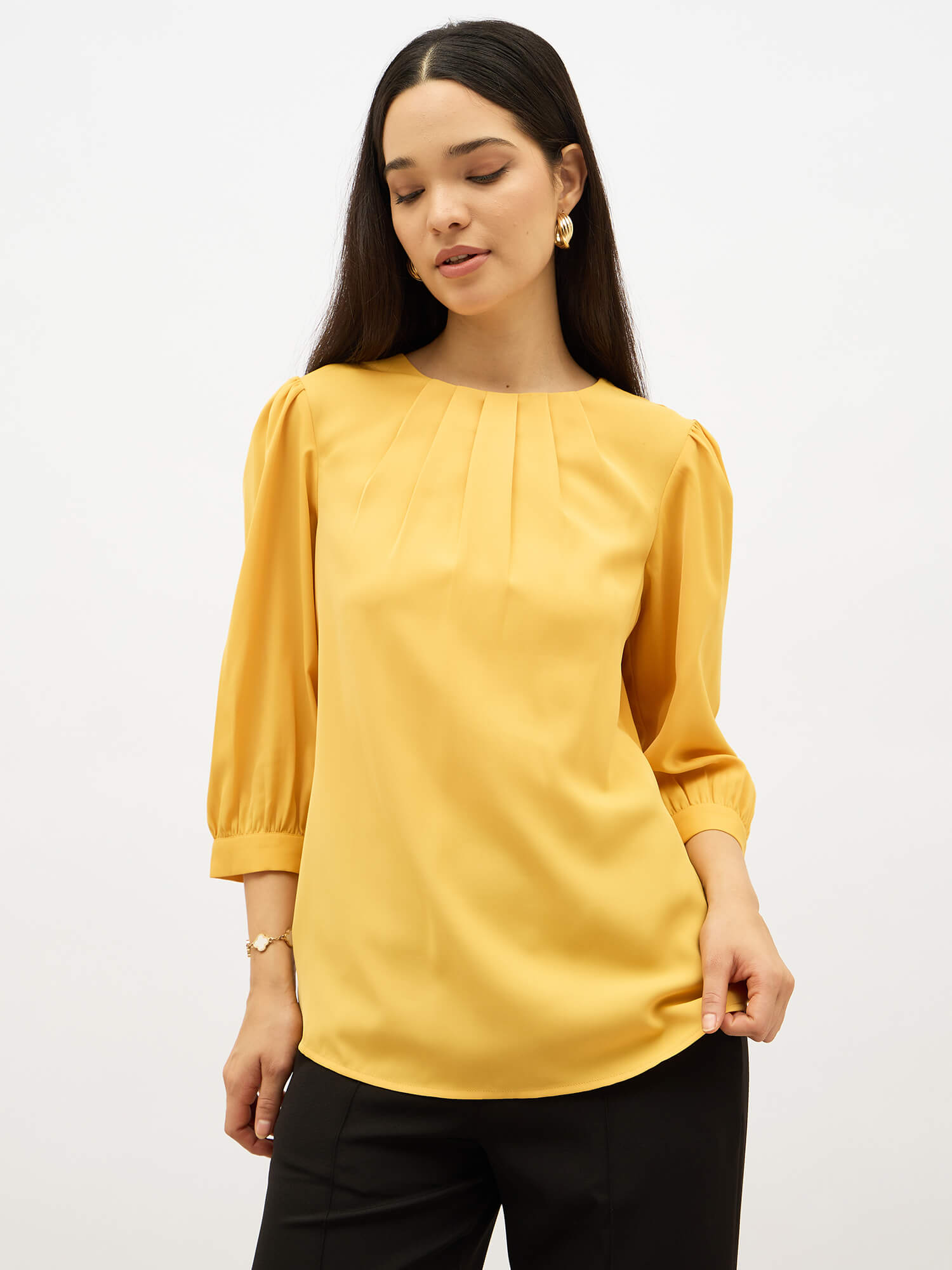 Dawn Pleated Neckline Top- Yellow