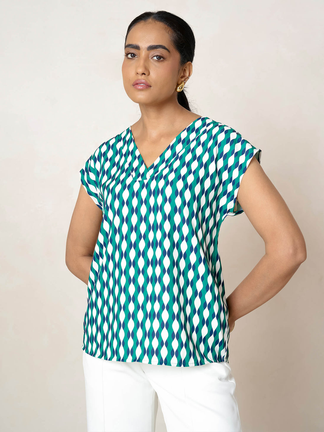 Passionate V - Neck Drop Shoulder Top-Green&amp;Blue