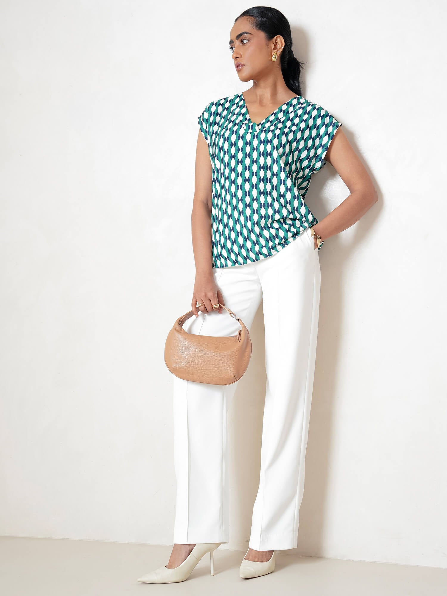 Passionate V - Neck Drop Shoulder Top-Green&amp;Blue