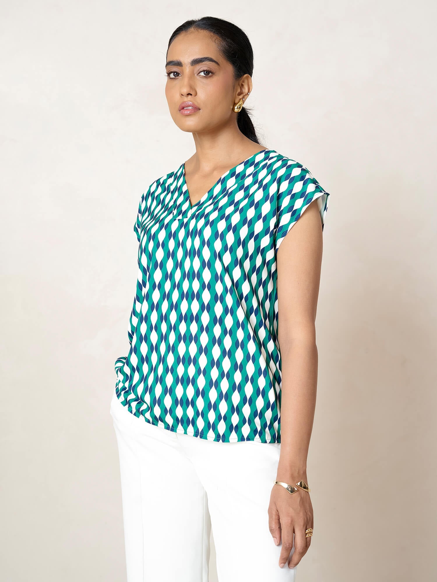 Passionate V - Neck Drop Shoulder Top-Green&amp;Blue