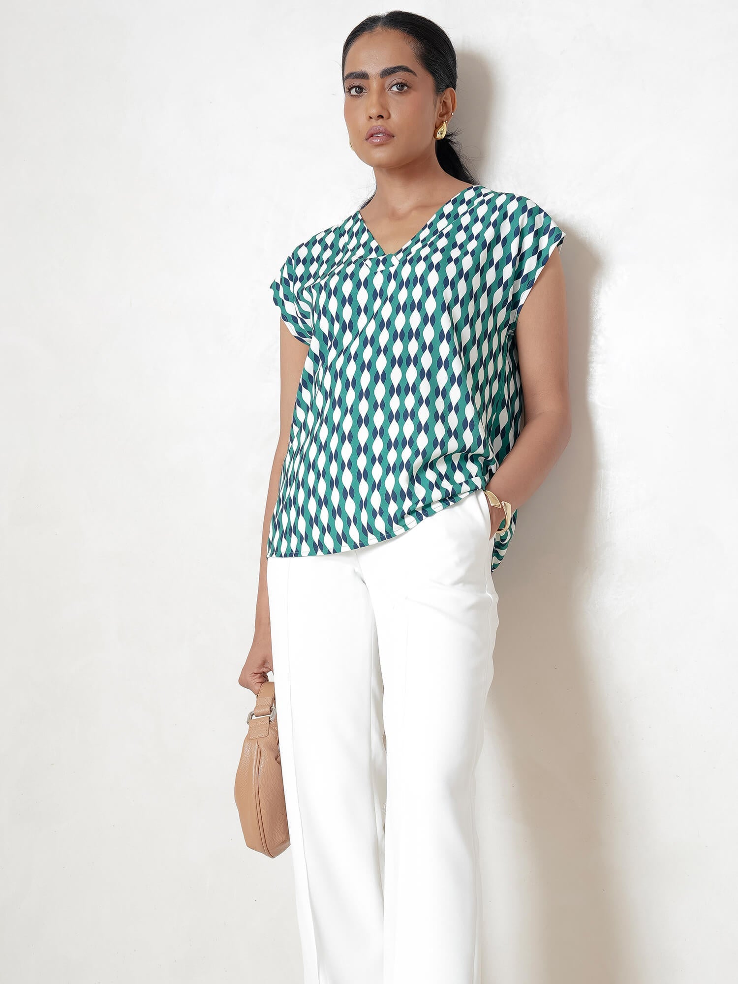 Passionate V - Neck Drop Shoulder Top-Green&amp;Blue