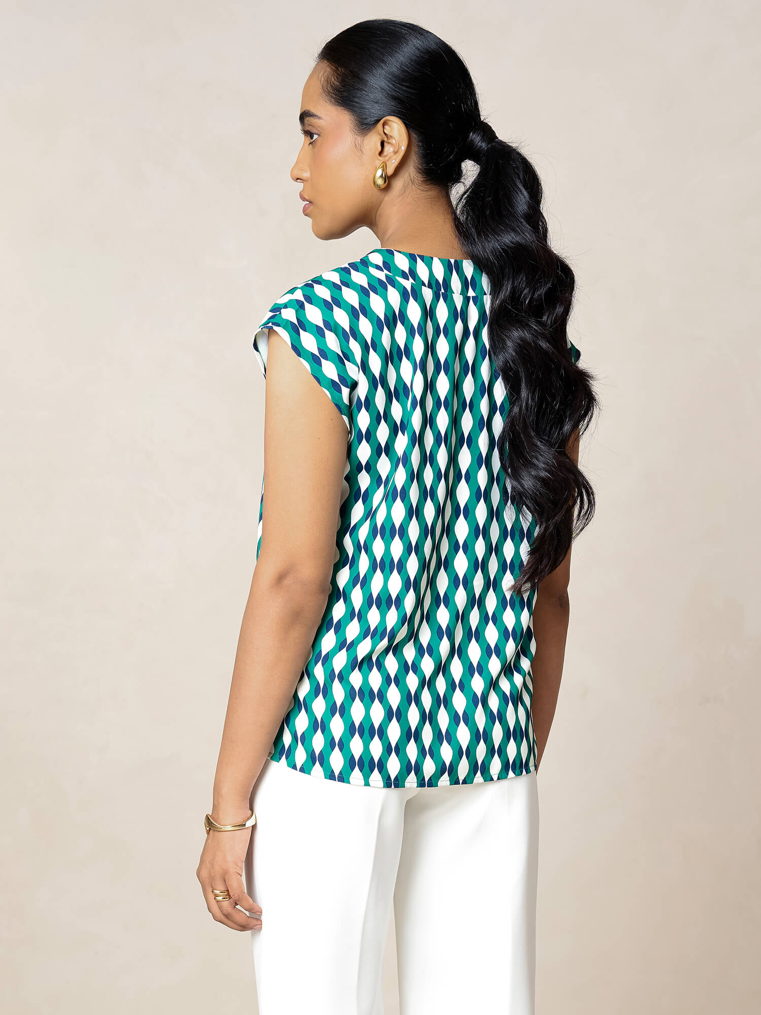Passionate V - Neck Drop Shoulder Top-Green&amp;Blue