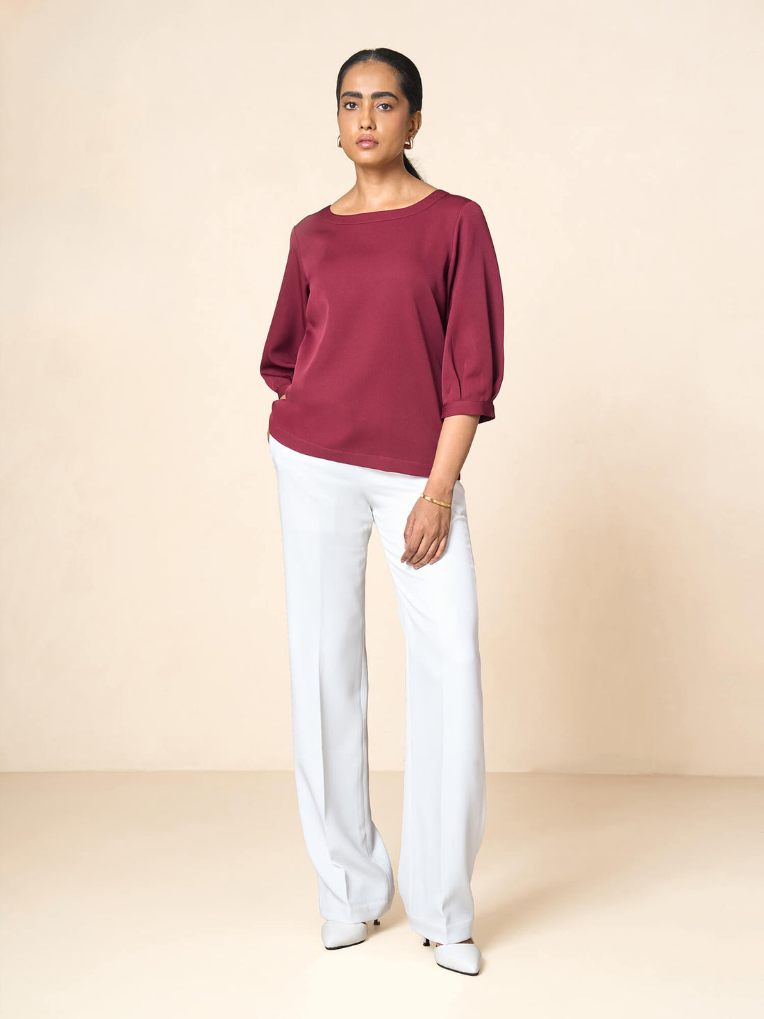 Illusion lantern sleeve top-Wine