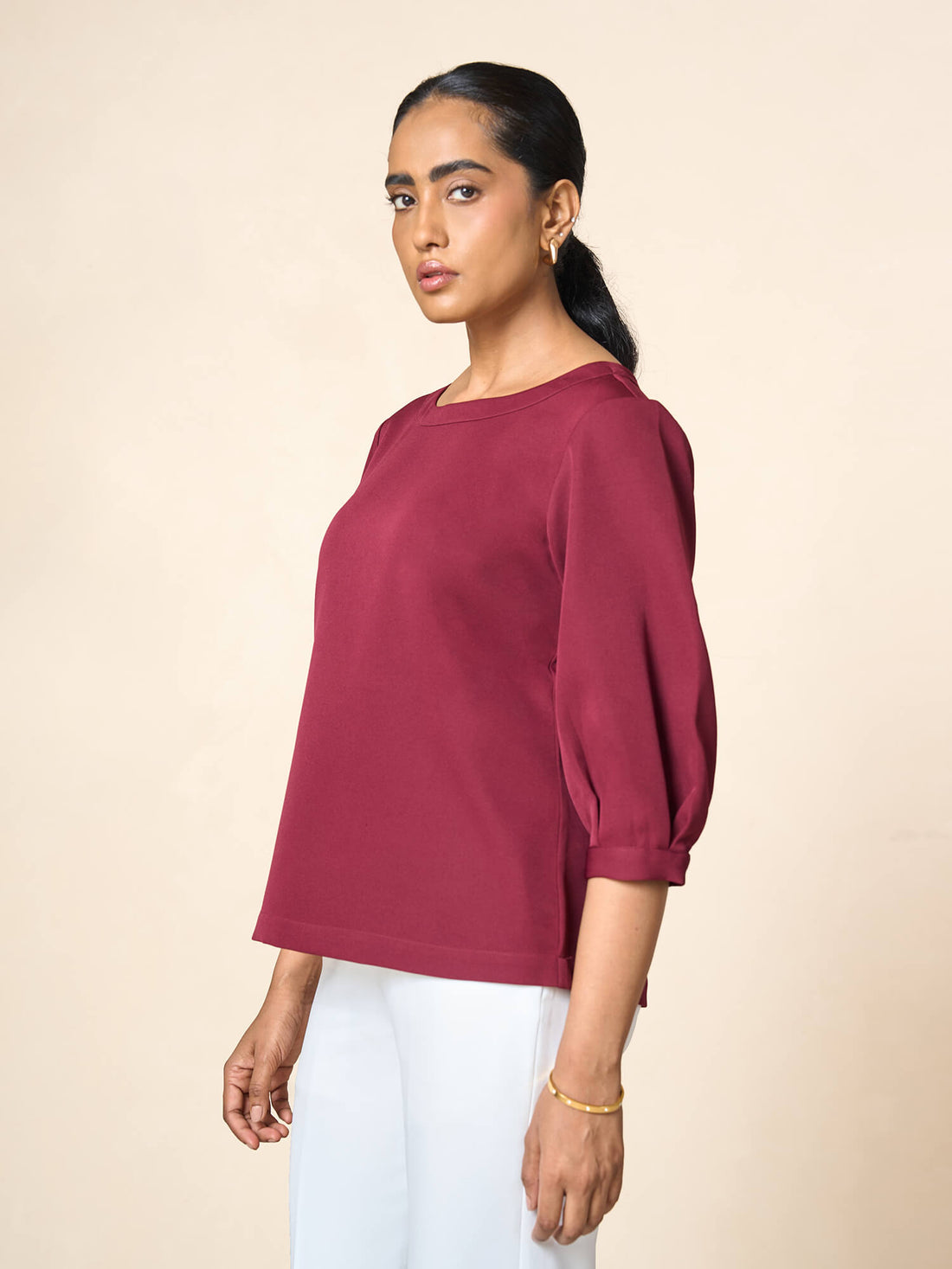 Illusion lantern sleeve top-Wine