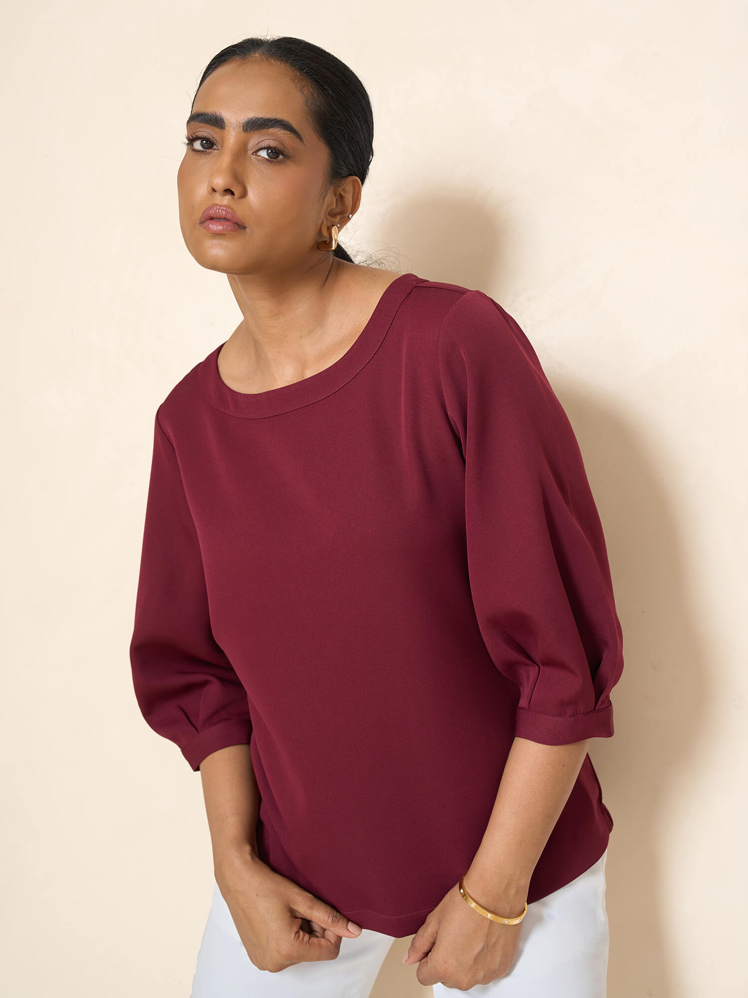 Illusion lantern sleeve top-Wine