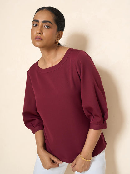 Illusion lantern sleeve top-Wine