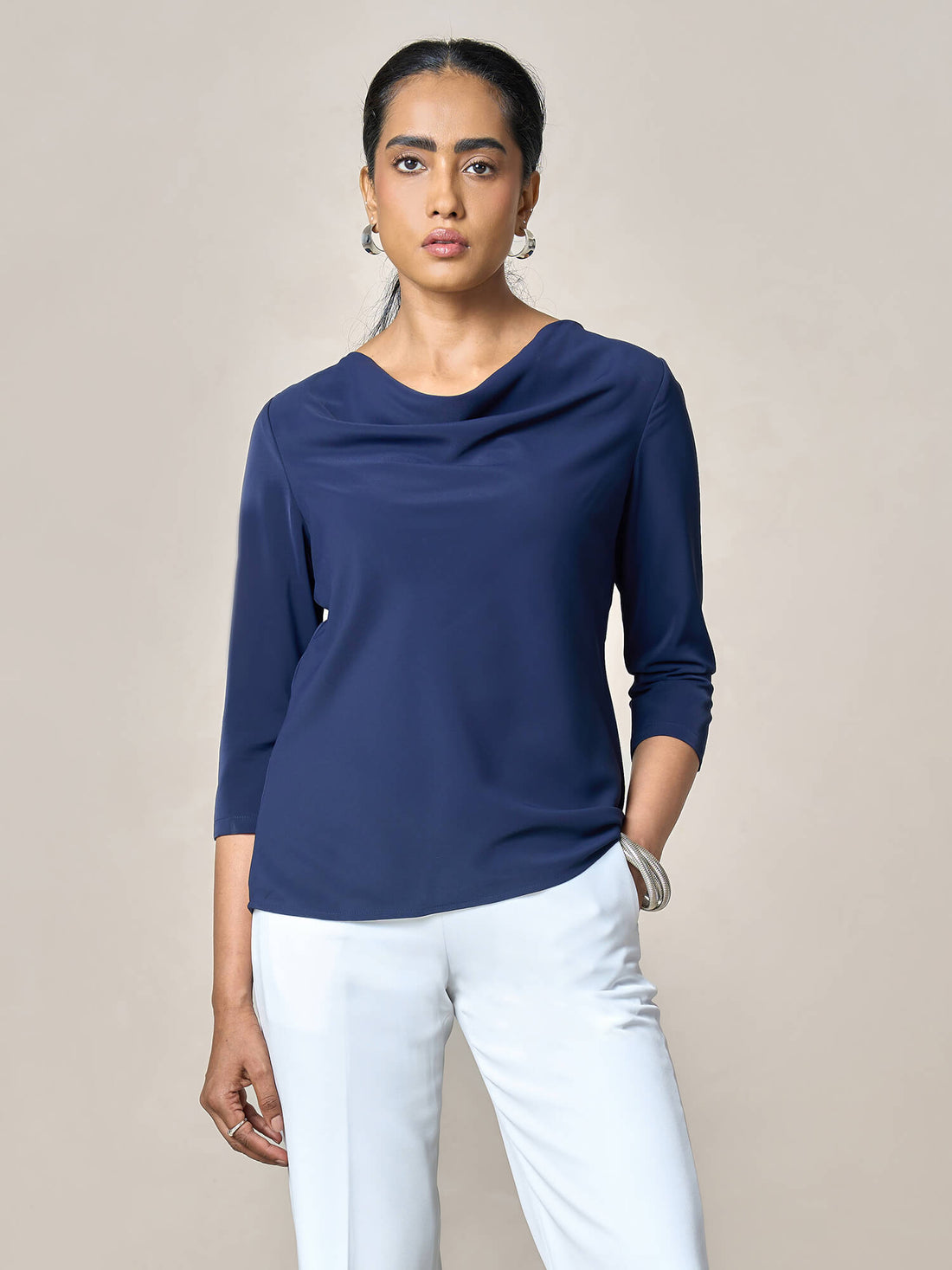 Intuition Cowl Neck Top-Navy