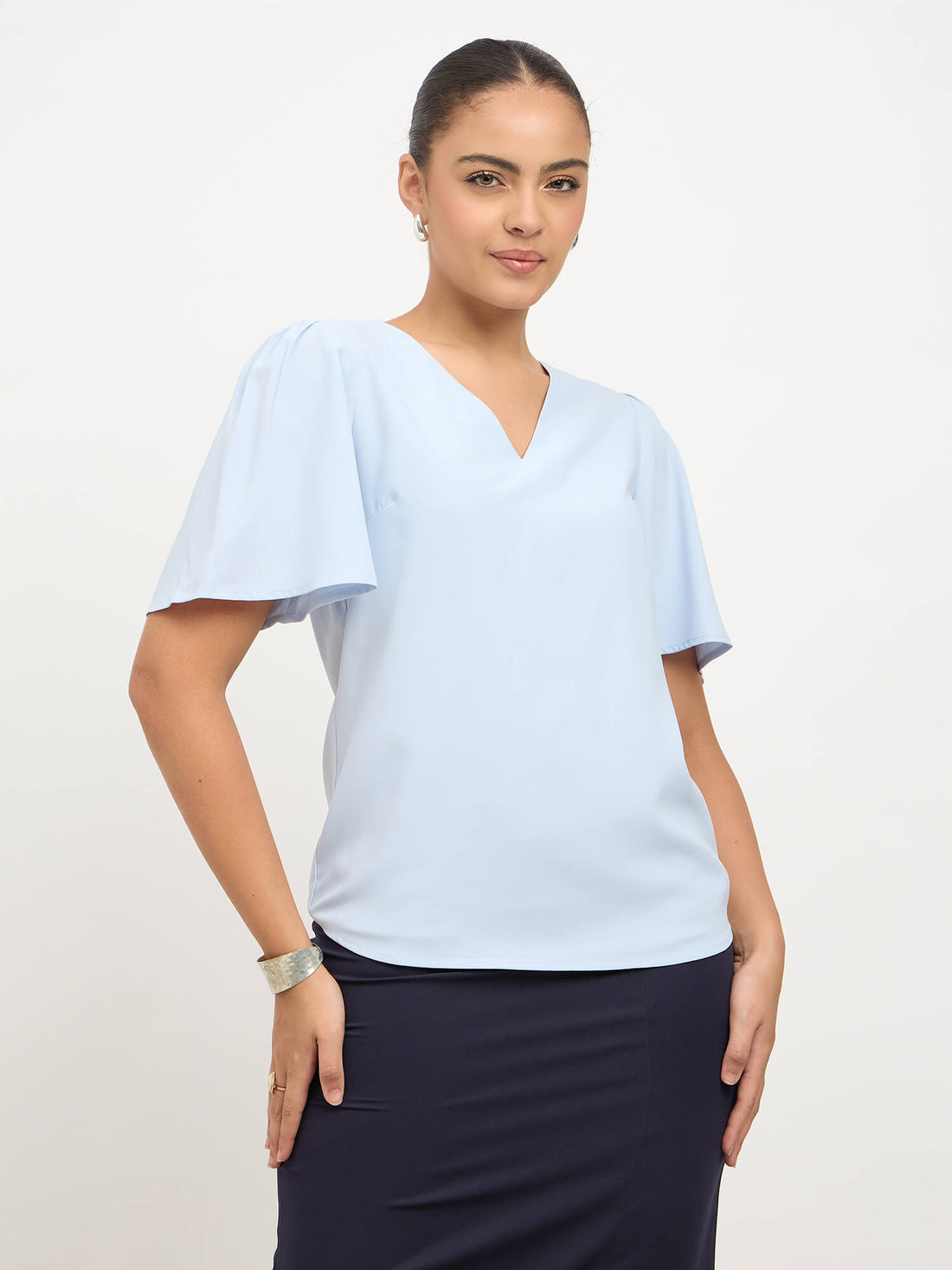 Elix Flared Sleeves V-neck Top-Powder Blue