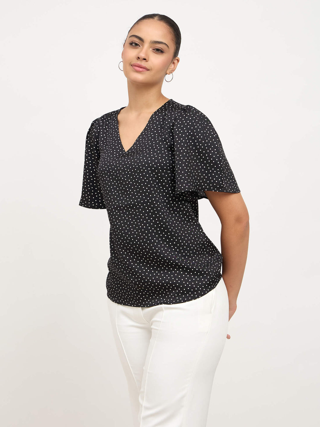 Elix Flared Sleeves V-neck Top-Black &amp; White
