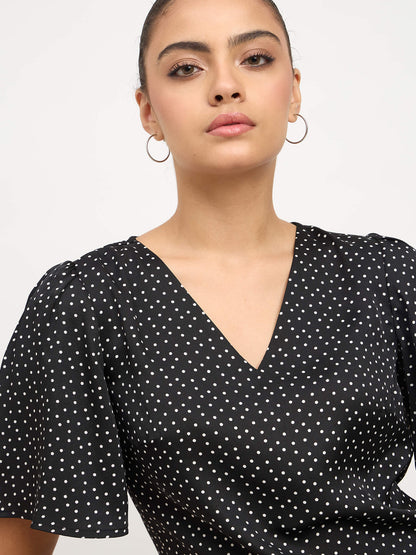 Elix Flared Sleeves V-neck Top-Black &amp; White