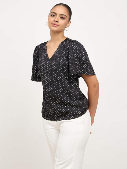 Elix Flared Sleeves V-neck Top-Black &amp; White