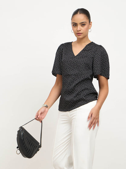 Elix Flared Sleeves V-neck Top-Black &amp; White