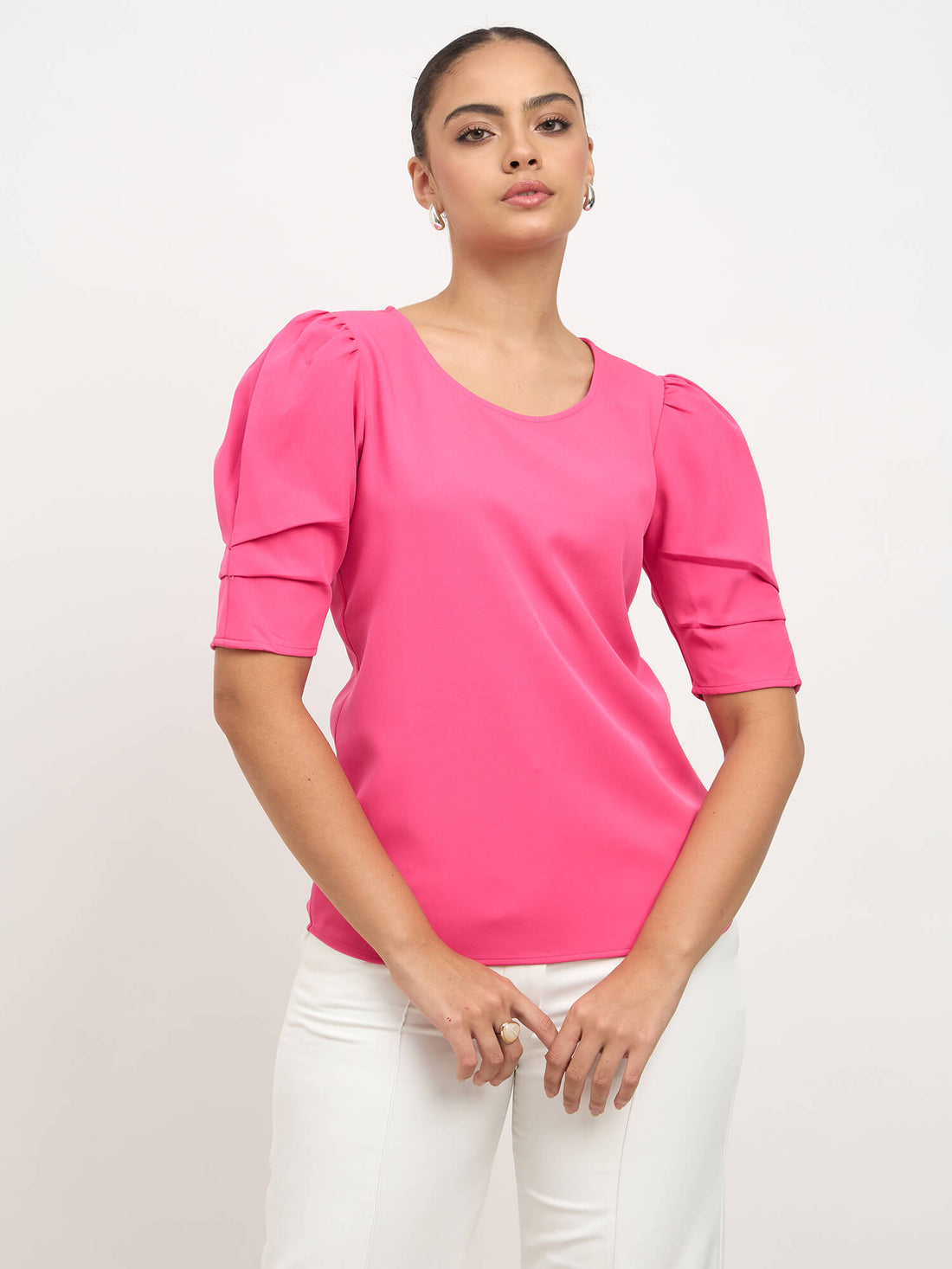 Soluna Gathered Sleeves Round Neck Top-Hot Pink