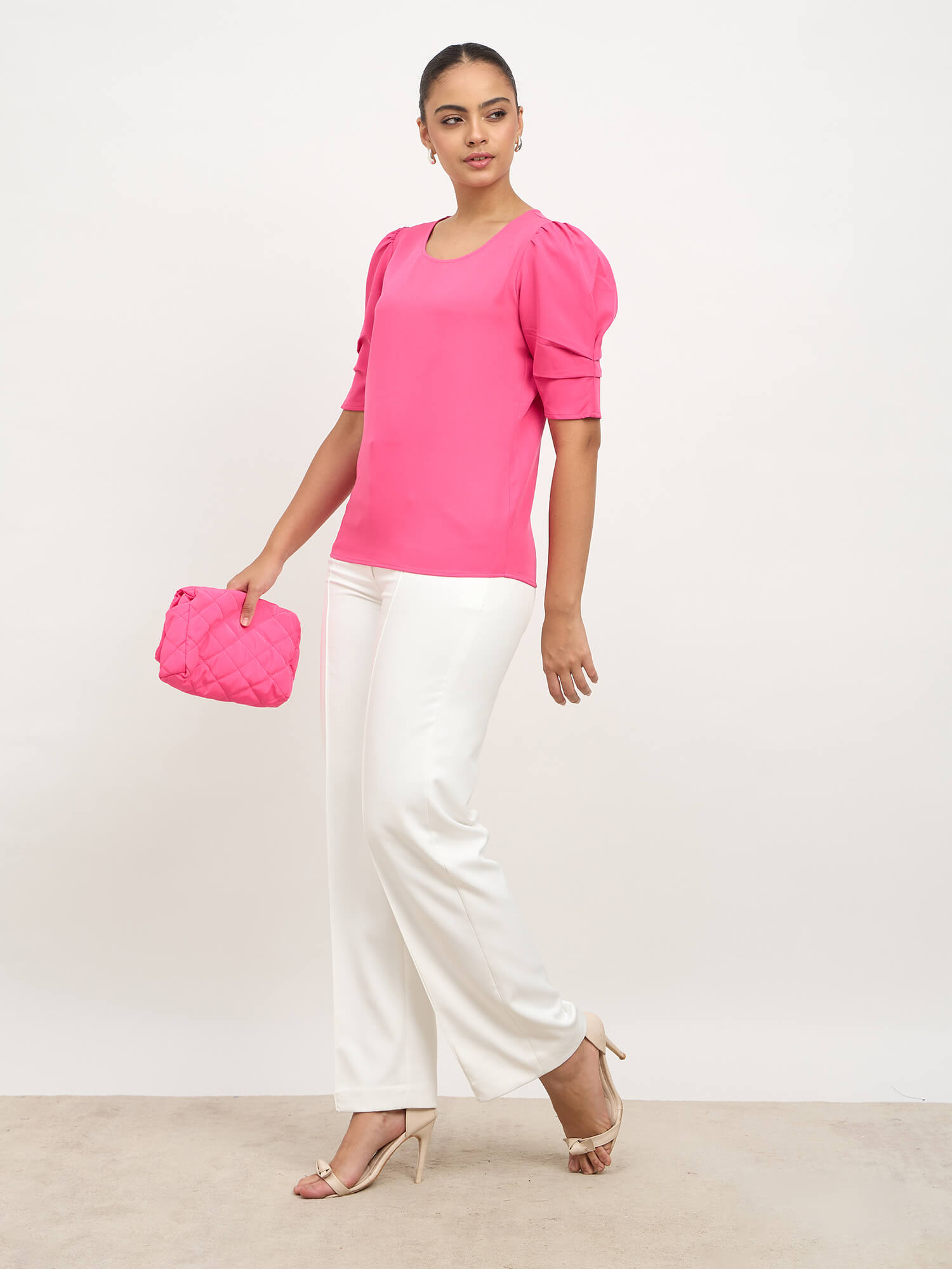 Soluna Gathered Sleeves Round Neck Top-Hot Pink