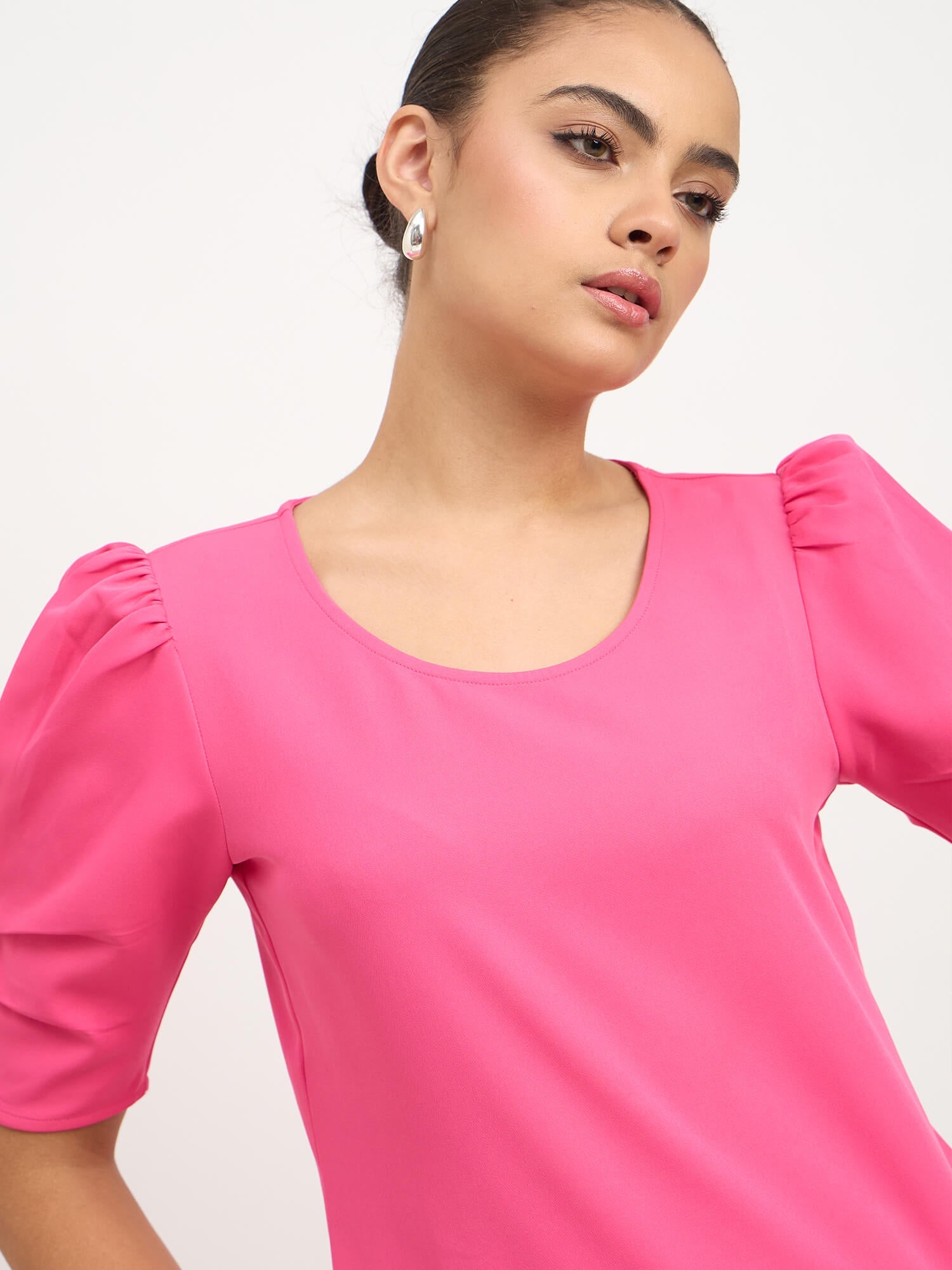 Soluna Gathered Sleeves Round Neck Top-Hot Pink