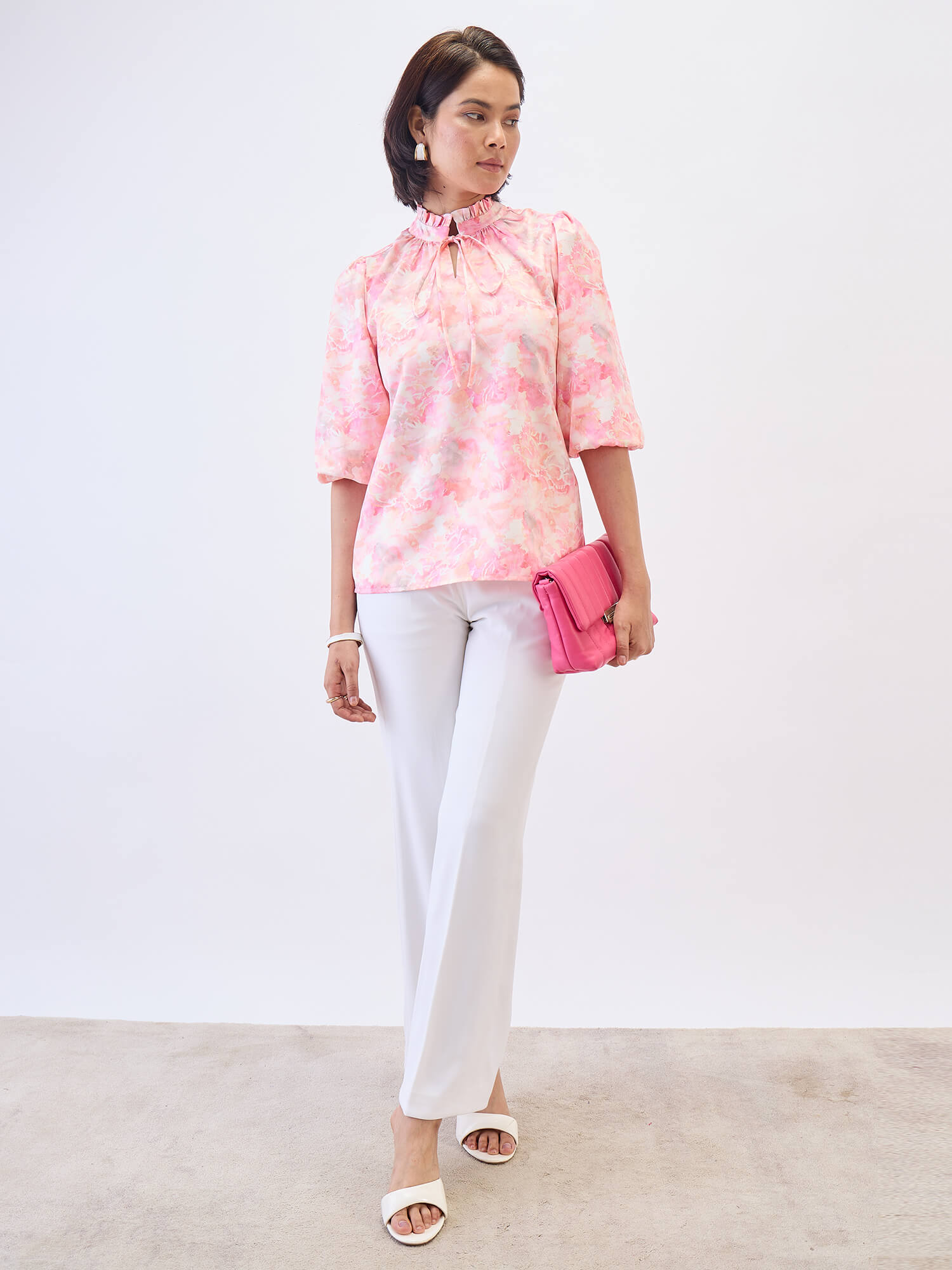 Zephyra Tie-up Ruffle Neck Top-Multi