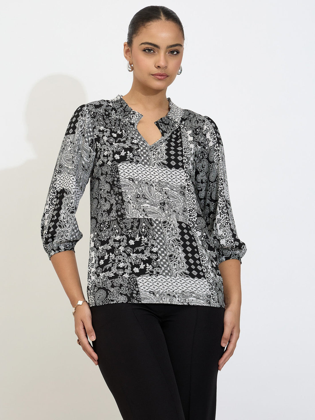 Jumble Smocked Neck Top-Black &amp; White