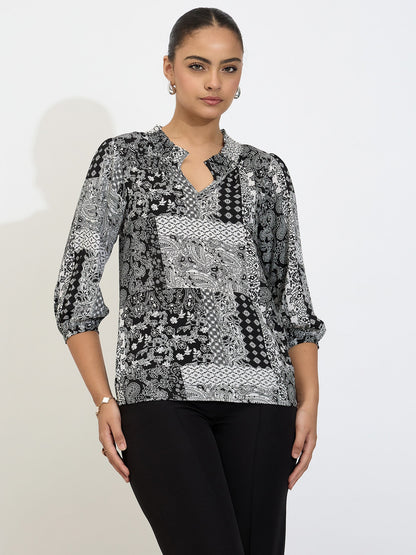 Jumble Smocked Neck Top-Black &amp; White
