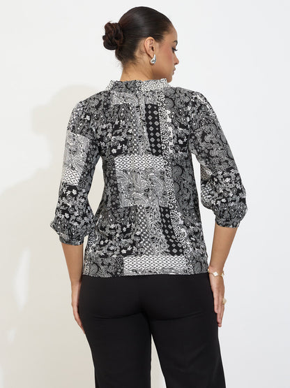 Jumble Smocked Neck Top-Black &amp; White