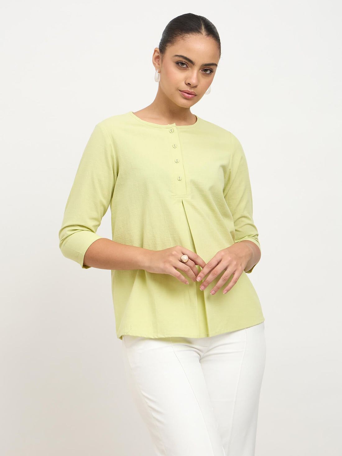 Kairi Half Placket Pleated Top-Pastel Green