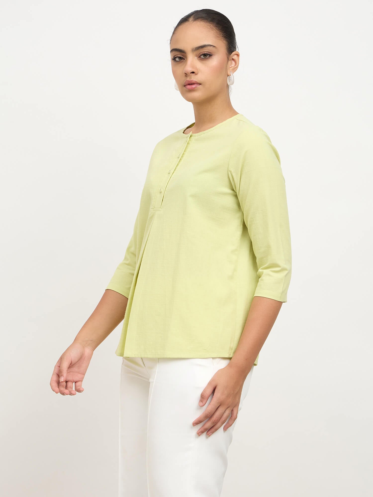 Kairi Half Placket Pleated Top-Pastel Green